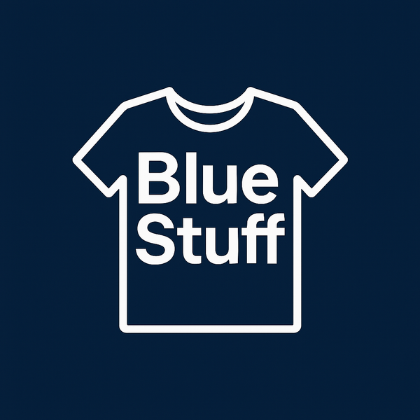 Outline of a t-shirt with 'Blue Stuff' text on a navy background